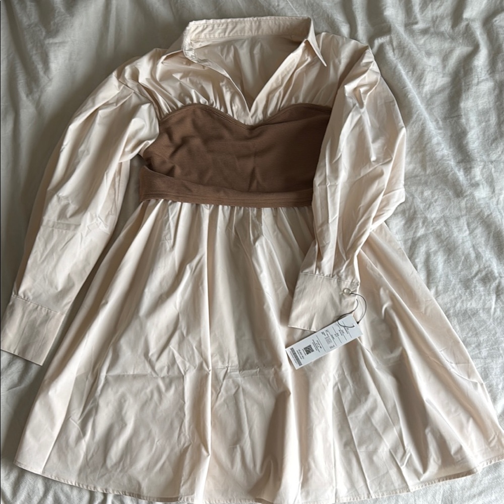 Cream and Brown Long Sleeve Dress NWT